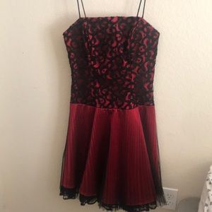 Red and black lace and  pleated dress